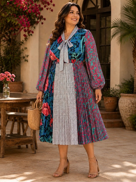 Far Above Rubies Dresses & Skirts - Far Above Rubies Tropical Print Pleated Midi Dress Tie Neck 3/4 Sleeve 3XL